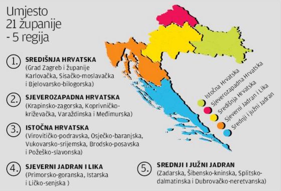 karta hrvatske po regijama Pet regija umjesto 21 županije? karta hrvatske po regijama